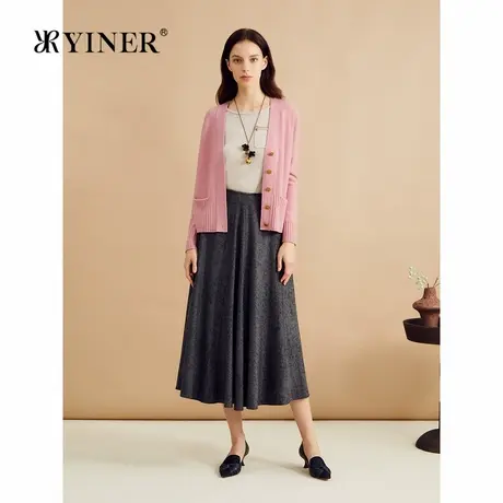 YINER音儿女装秋季法式优雅V领美丽诺羊毛羊绒混纺针织开衫图片
