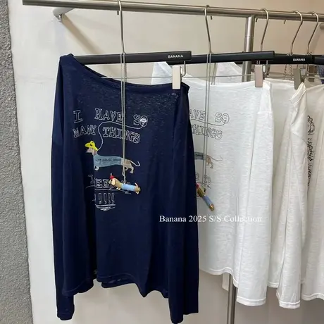 韩国东大门夏季新款洋气趣味动漫狗狗印花斜肩长袖T恤女宽松慵懒商品大图