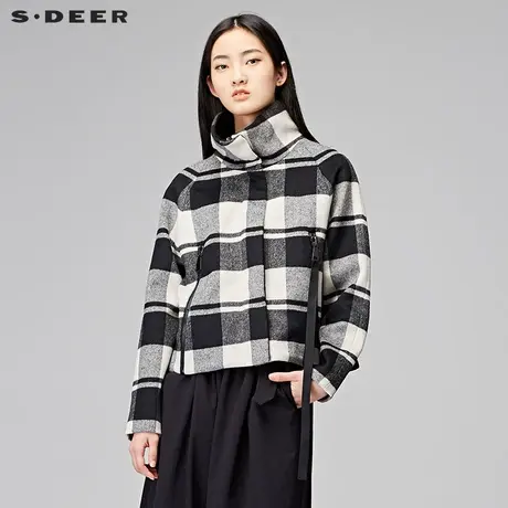 sdeer圣迪奥女装低调格纹时尚拼接飘带占领短款毛呢外套Y17482213🚐商品大图