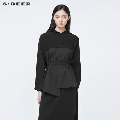 sdeer圣迪奥2022春装新品连帽收腰衬衫拼接套头针织衫女S22163508💅商品大图