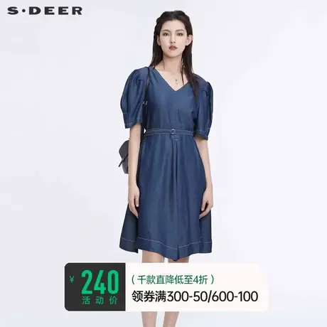 sdeer圣迪奥V领法式连衣裙女夏季收腰泡泡袖通勤长裙S22261205商品大图