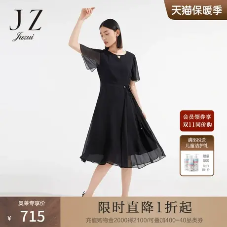 JZ玖姿优雅雪纺小黑裙女装2022夏季新款金属镶钻轻盈收腰连衣裙商品大图