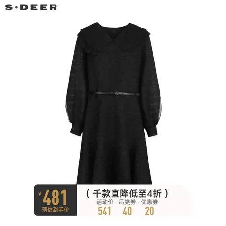 sdeer圣迪奥女装V领荷叶边收腰网纱毛呢连衣裙S233Z12T1图片