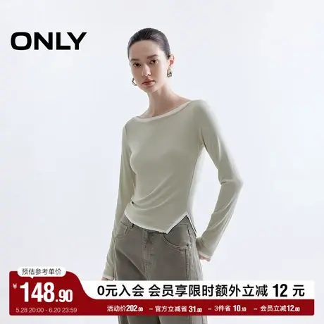 ONLY2025夏季新款温柔拼色假两件显瘦一字领口修身正肩长袖T恤女图片