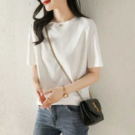 纯棉白色T恤女短袖宽松体恤体桖黑纯色半袖打底衫上衣2024新款夏图片