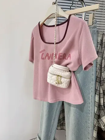 大领口短款T恤女港味chic大码粉色多巴胺短袖女ins潮正肩减龄上衣商品大图