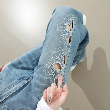 刺绣重工镂空烫钻牛仔裤女夏季薄款高腰宽松直筒新中式国风阔腿裤商品大图