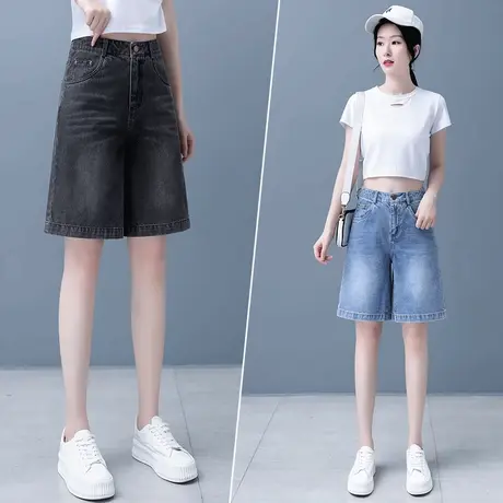 磨白软牛仔五分短裤女2025夏季薄款窄版直筒裤高腰显瘦简约阔腿裤商品大图