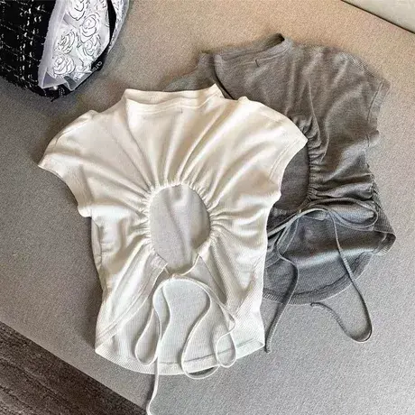 纯欲性感无袖T恤女夏季韩版修身短款小个子华夫格露背系带上衣潮图片