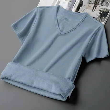 短袖t恤男装纯色V领秋冬季保暖加绒加厚内搭半袖打底衫男修身潮流商品大图