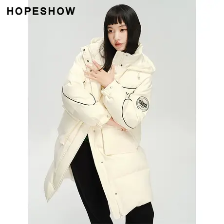 红袖outlets字母印花面包服外套hopeshow2023冬款保暖长款羽绒服图片