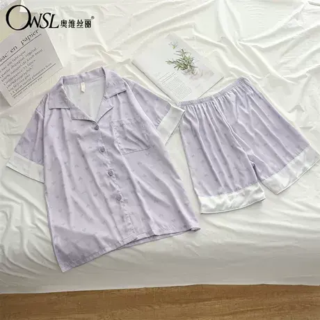 冰丝薄款睡衣女夏秋季新款短袖短裤两件套家居服商品大图