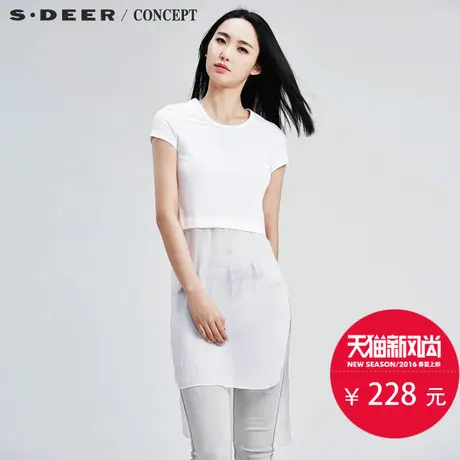圣迪奥女装简约纯色上下拼接短袖T恤S16280106图片