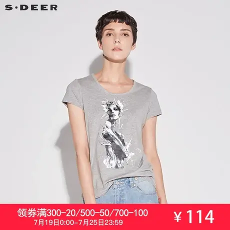 sdeer圣迪奥女装打底衫酷感朋克风胶印人物装饰短袖T恤S16280199图片
