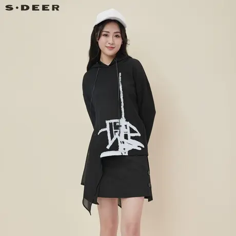 sdeer圣迪奥春秋装抽绳连帽印花不规则拼接卫衣女S21182202图片