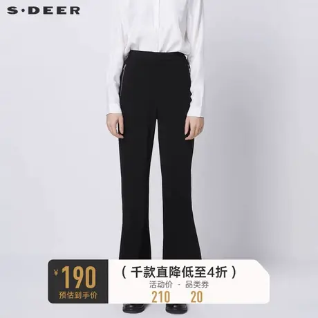 sdeer圣迪奥女装春秋装休闲松紧开衩阔腿黑色喇叭裤长裤S21380807图片
