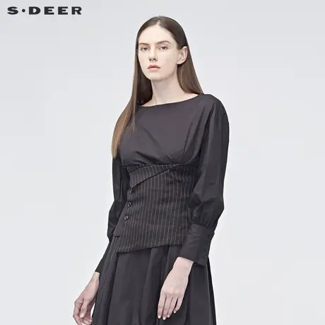 sdeer 圣迪奥女装休闲圆领条纹束腰不规则摆纯黑衬衫S19180515图片