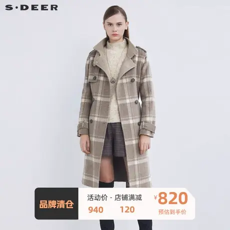 sdeer圣迪奥女装立领格纹双排扣收腰长款羊毛呢大衣冬季S21481837图片