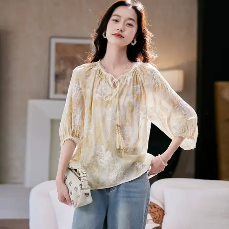 宝诗黎七分袖系带印花衬衫女2025夏季洋气波西米亚风宽松休闲衬衣图片
