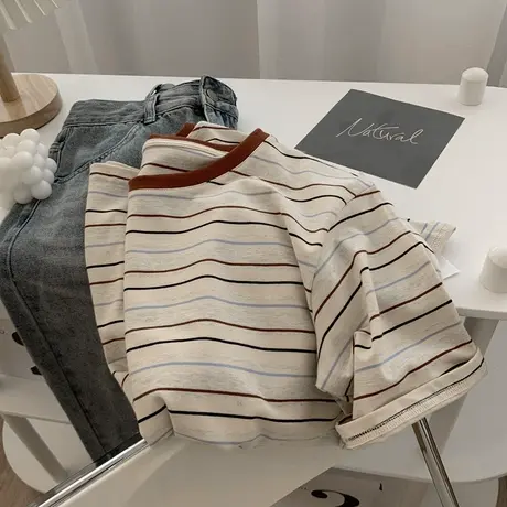 撞色条纹短袖T恤女夏季2025新款宽松显瘦拼接设计感小众纯棉上衣图片