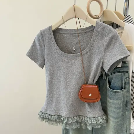 正肩U领短袖T恤女夏季修身设计感韩版蕾丝花边下摆短款上衣潮ins图片
