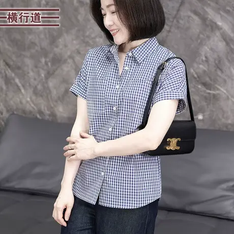 纯棉韩版蓝色格子连肩短袖衬衫设计感2025年夏季新款上衣外套女装商品大图