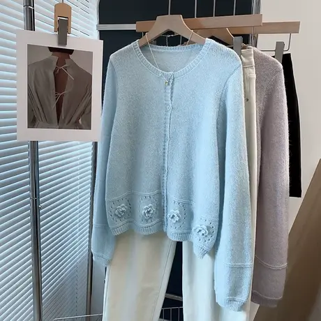 马海毛手工花圆领毛衣外套女2025春秋新款外穿上衣宽松针织开衫潮商品大图