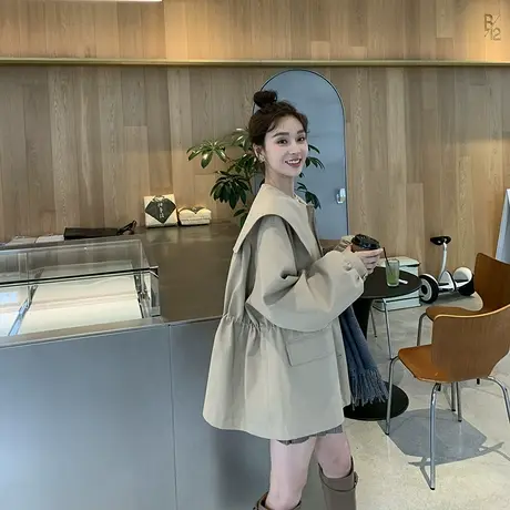 宽松短款风衣外套女春秋小个子卡其色2025娃娃领秋款减龄新款大码商品大图