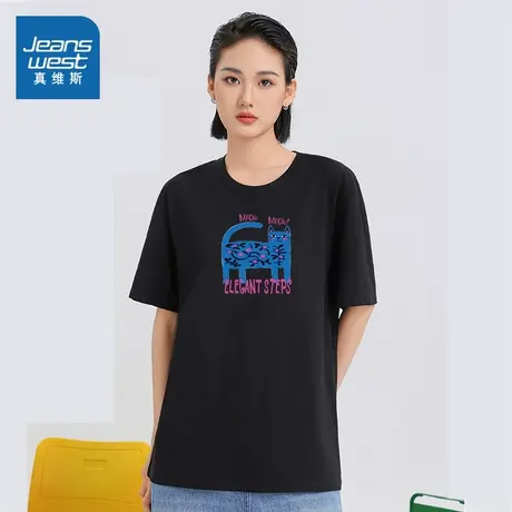 XC真维斯女款2025夏季新款黑色猫咪时尚青春流行针织上衣短袖T恤商品大图