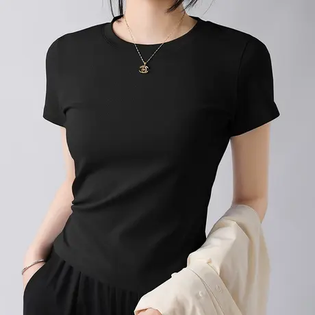 KV真维斯正肩短袖紫色t恤女2025新款 夏圆领修身内搭通勤简约上衣商品大图