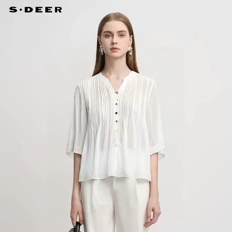 sdeer圣迪奥女装25年新品田园风V领肌理褶皱不规则上衣S252Z3219图片