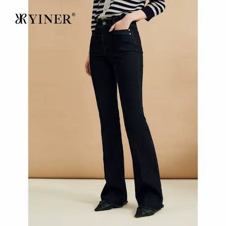 YINER音儿女装秋杜邦纱弹力长裤法式夏日微喇竹节肌理通勤牛仔裤商品大图