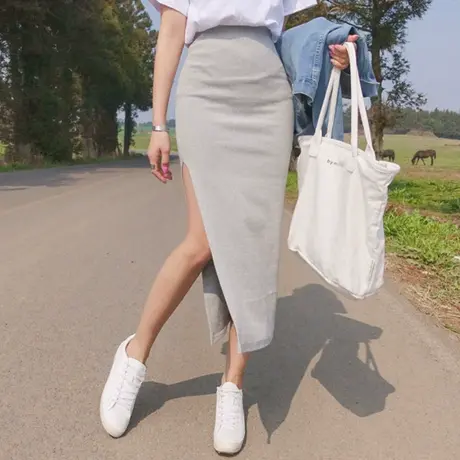 韩国2021春夏新款侧开叉半身裙修身性感百搭高腰中长款包臀打底裙商品大图