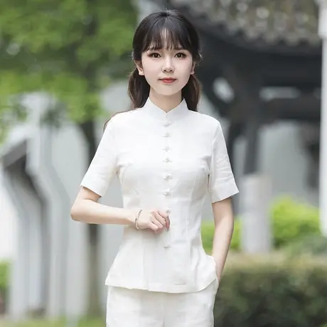 唐装夏装女中国风中式盘扣上衣改良旗袍佛系白禅服茶服居士服夏季图片