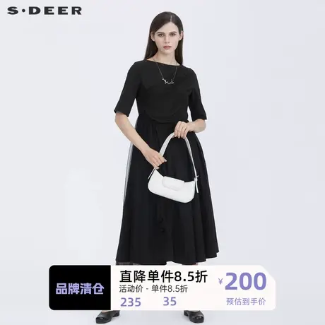 sdeer圣迪奥女装休闲圆领堆叠网纱拼接短袖连衣裙S21281259商品大图