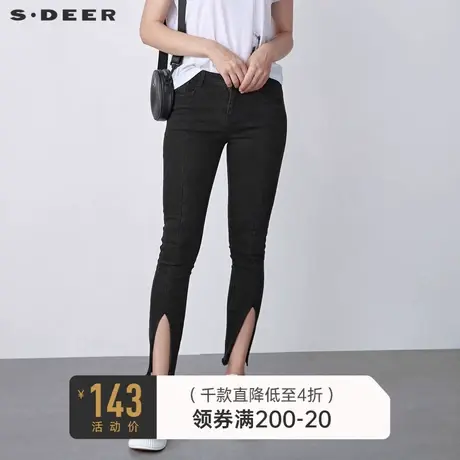 sdeer圣迪奥女装秋装黑色拼接开衩毛边休闲紧身牛仔长裤S20380818⌚商品大图