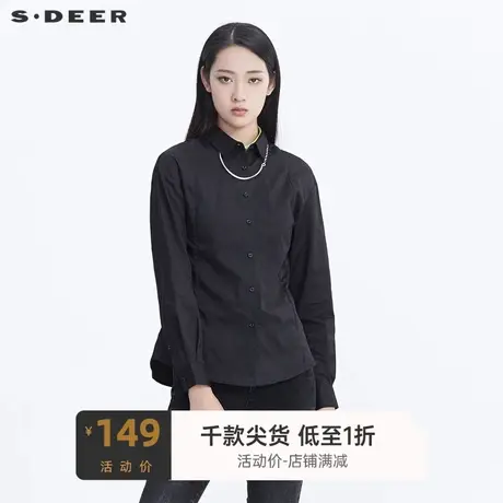 sdeer圣迪奥女装个性翻领假两件拼接不规则长袖黑色衬衫S20460501🐈商品大图