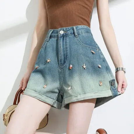 渐变色贝壳卷边牛仔短裤女夏季薄款高腰显瘦百搭a字宽松阔腿热裤图片