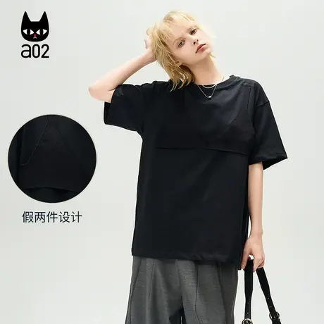 a02【ET自然系列】假两件宽松圆领短袖T恤女2025夏季新款设计感图片