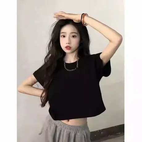 2025夏季新款黑色短袖t恤女休闲简约小众设计感短款正肩纯色上衣图片