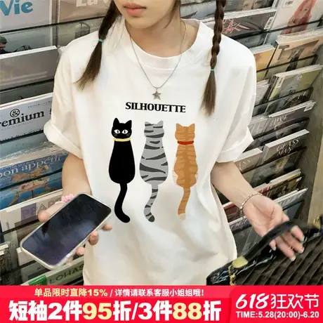 美式街头风卡通猫咪印花白色短袖t恤女夏季宽松百搭纯棉半袖上衣商品大图