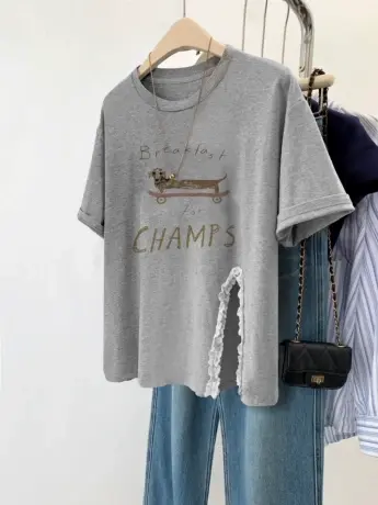 大码开叉设计感T恤女胖mm显瘦夏季不规则短袖ins复古百搭圆领上衣商品大图