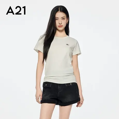 A21女装字母绣花圆领棉T恤简约休闲落肩袖套头上衣宽松简约百搭图片