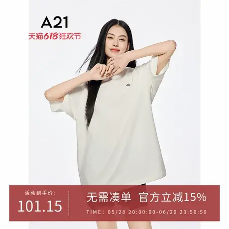 A21女装宽松字母印花圆领棉T恤2025夏季新款简约中长款落肩袖上衣图片