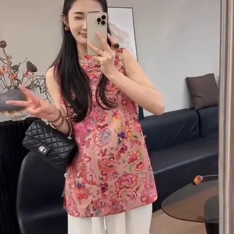 国风盘扣衬衫马甲女2025夏季新款老钱风背心裙提花中长款上衣无袖商品大图