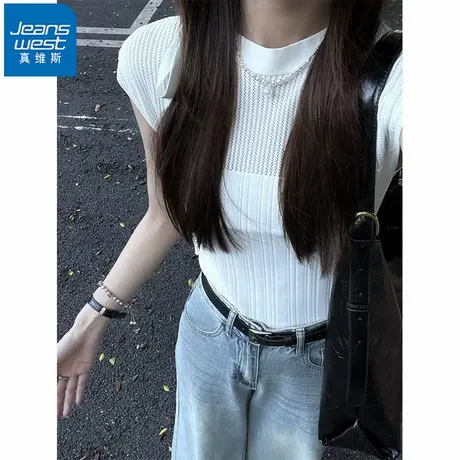 NR真维斯女装白色系带镂空无袖t恤夏季新款修身显瘦短款针织上衣商品大图