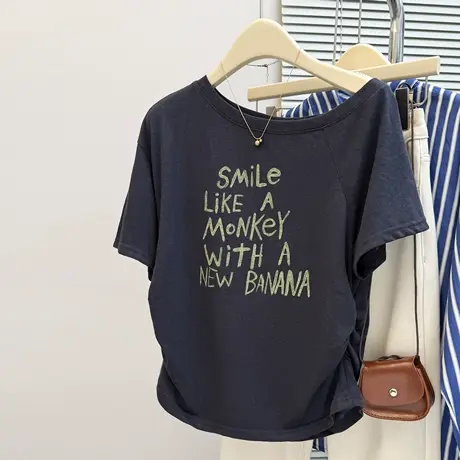 chic甜辣褶皱收腰短袖T恤女夏季修身韩版纯欲性感斜肩露肩上衣潮商品大图