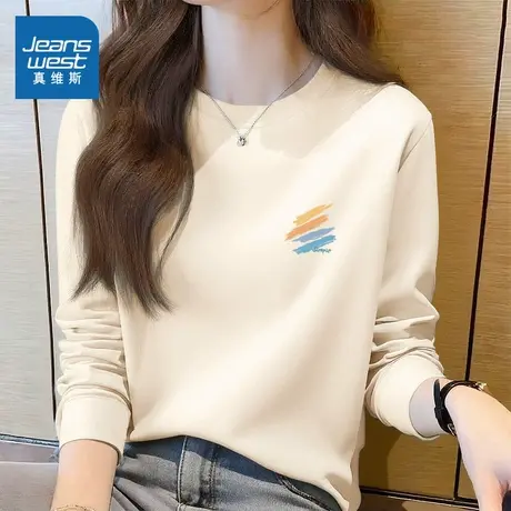 KMV真维斯杏色纯棉长袖t恤女秋季2025新款宽松圆领上衣体恤打底衫商品大图