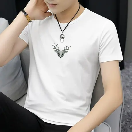 莫代尔短袖t恤男生冰丝凉感速干上衣服潮牌圆领白色体恤夏季半袖商品大图