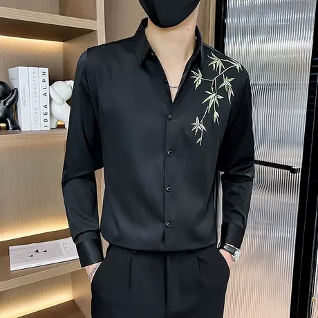 男士长袖衬衫春秋季新中式国风设计感竹叶刺绣垂感痞帅休闲衬衣潮商品大图